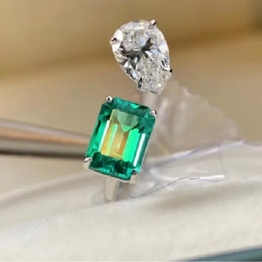 GREEN EMERALD & DIAMOND ADJUSTABLE RING - Picture 6 of 6